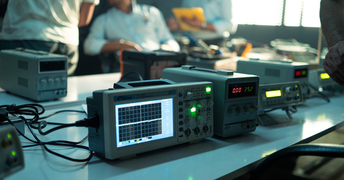 Engineers testing equipment with oscilloscopes in an electronics lab